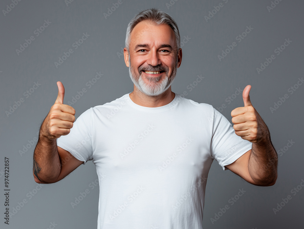 Happy fit middle-aged personal trainer wearing a white t-shirt giving a thumbs-up, standing isolated on a gray background, offering positive motivation and fitness recommendations.
Happy fit middle-aged personal trainer wearing a white t-shirt giving a thumbs-up, standing isolated on a gray background, offering positive motivation and fitness recommendations.