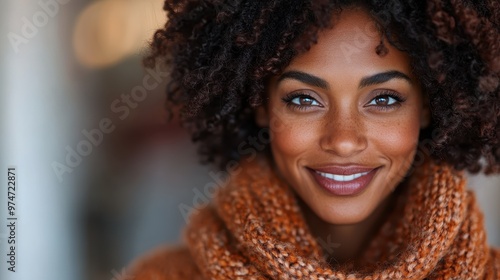 A stylish woman with curly hair is captured smiling while wearing a warm scarf. The scene offers a sense of warmth, confidence, and genuine happiness.