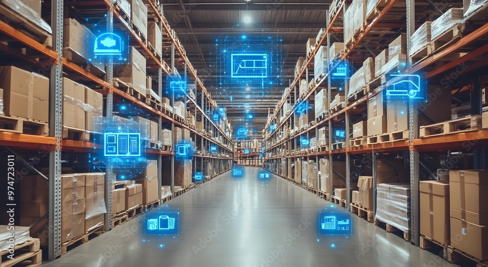 A dynamic smart warehouse management system that aligns shelves and fills boxes. Digital blue symbols of technology such as wireless networks or icons floating above the scene. A dynamic smart warehouse management system that aligns shelves and fills boxes. Digital blue symbols of technology such as wireless networks or icons floating above the scene.