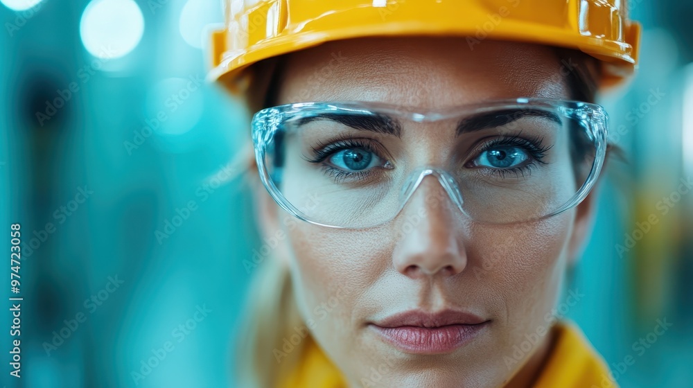 A confident female engineer in a helmet and clear goggles, showcasing the professional attire and determined expression essential for modern engineering tasks. A confident female engineer in a helmet and clear goggles, showcasing the professional attire and determined expression essential for modern engineering tasks.