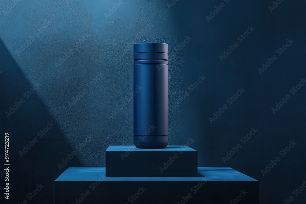 A sleek, dark blue thermos stands on a pedestal against a textured backdrop. A sleek, dark blue thermos stands on a pedestal against a textured backdrop.
