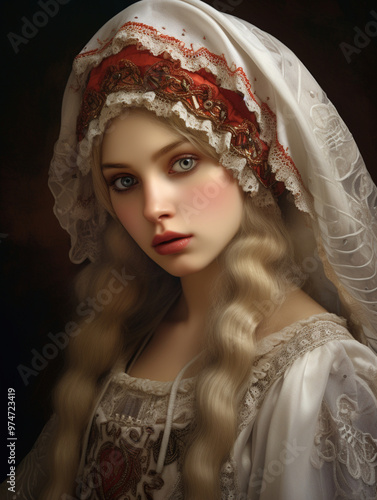 Russian woman in traditional sarafan with kokoshnik headpiece, portrait photography, close-up, intricate details on the fabric and headpiece, classic beauty. photo