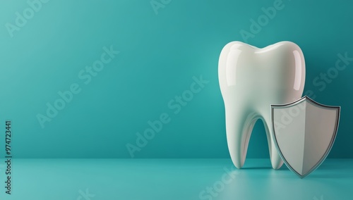 3D render of a white tooth and shield on a blue background