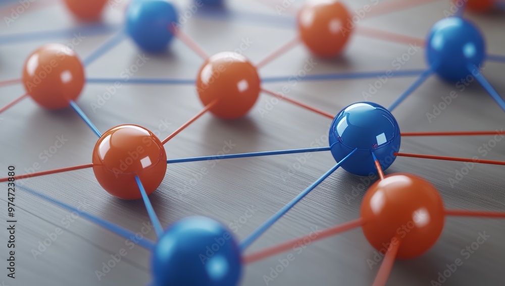 Fototapeta premium 3D Render Of Orange And Blue Network Icons On Wooden Background