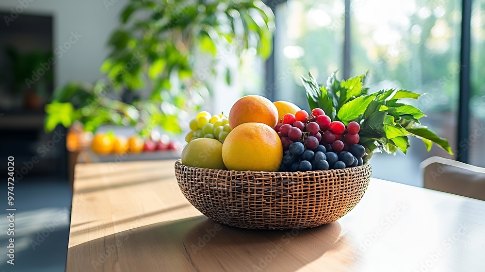 Interior of modern kitchen with fruit basket on dining table : Generative AI Interior of modern kitchen with fruit basket on dining table : Generative AI