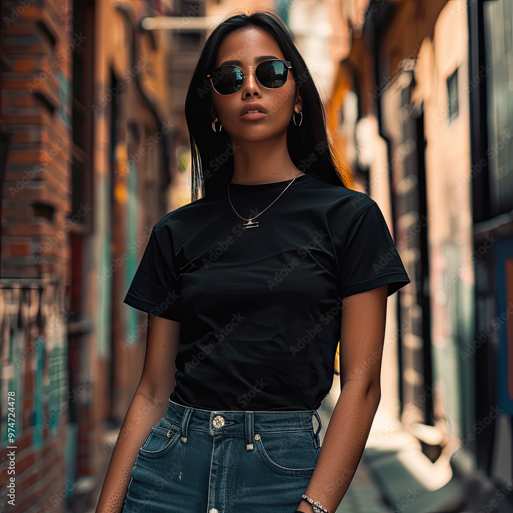 An african american woman in a black t-shirt in a street cafe. Mock-up. Generative ai An african american woman in a black t-shirt in a street cafe. Mock-up. Generative ai