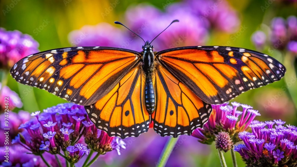 Vibrant orange monarch butterfly perches on a delicate purple flower, its wings spread wide in a striking pose, showcasing intricate patterns and delicate details. Vibrant orange monarch butterfly perches on a delicate purple flower, its wings spread wide in a striking pose, showcasing intricate patterns and delicate details.