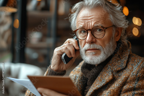 A senior man on a phone call holding a document.