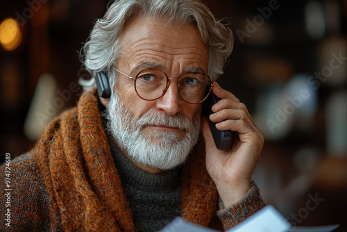 A senior man with a white beard speaks on the phone.