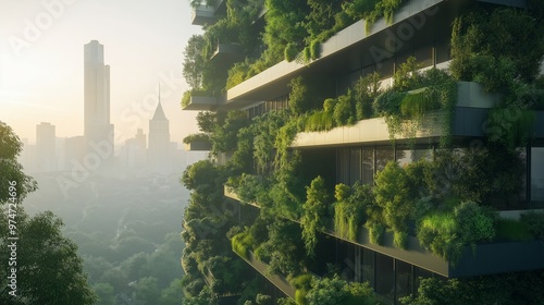 Vertical forest on futuristic skyscraper with lush green plants covering building in a city photo