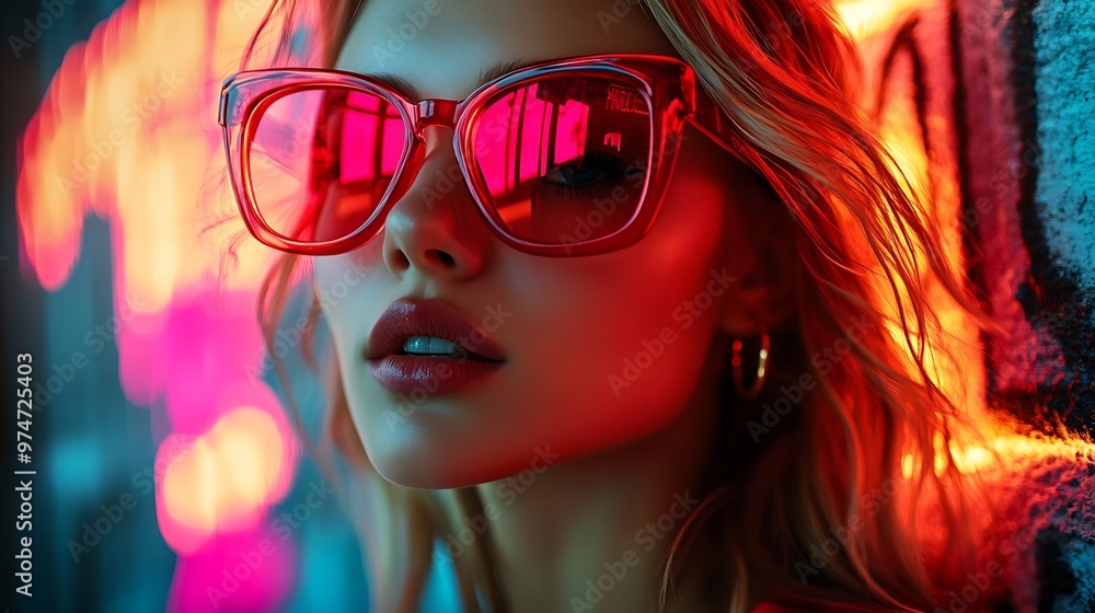 Woman in stylish outfit and striking red oversized sunglasses reflecting vibrant light against neon lit background with graffiti Concept of youth beauty fashion and style modern lifest : Generative AI Woman in stylish outfit and striking red oversized sunglasses reflecting vibrant light against neon lit background with graffiti Concept of youth beauty fashion and style modern lifest : Generative AI