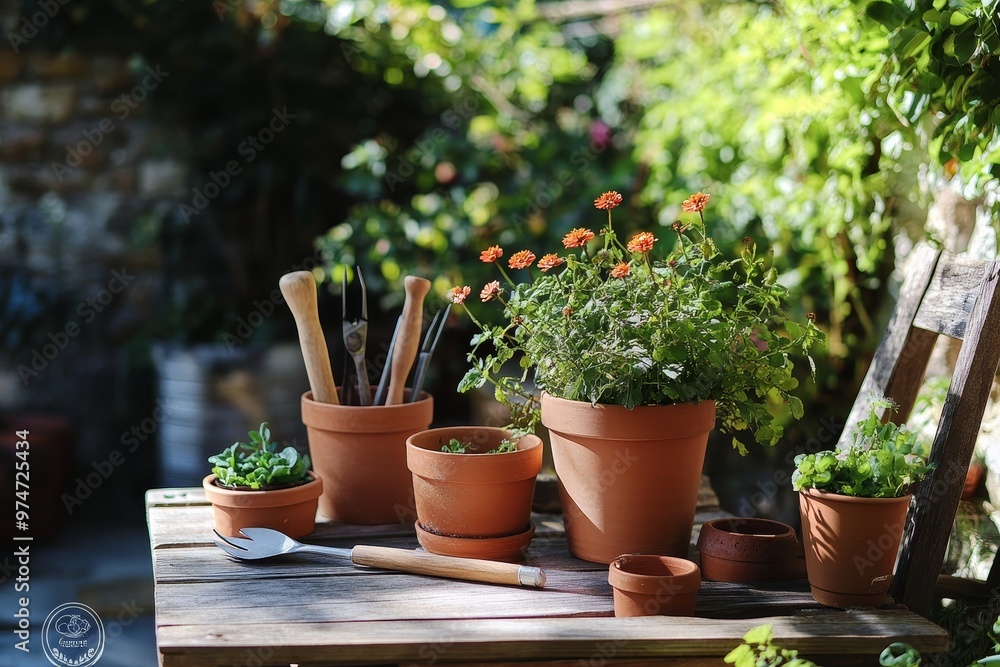 Sunny garden scene featuring gardener s toolset and flowerpots for an inviting outdoor experience Sunny garden scene featuring gardener s toolset and flowerpots for an inviting outdoor experience