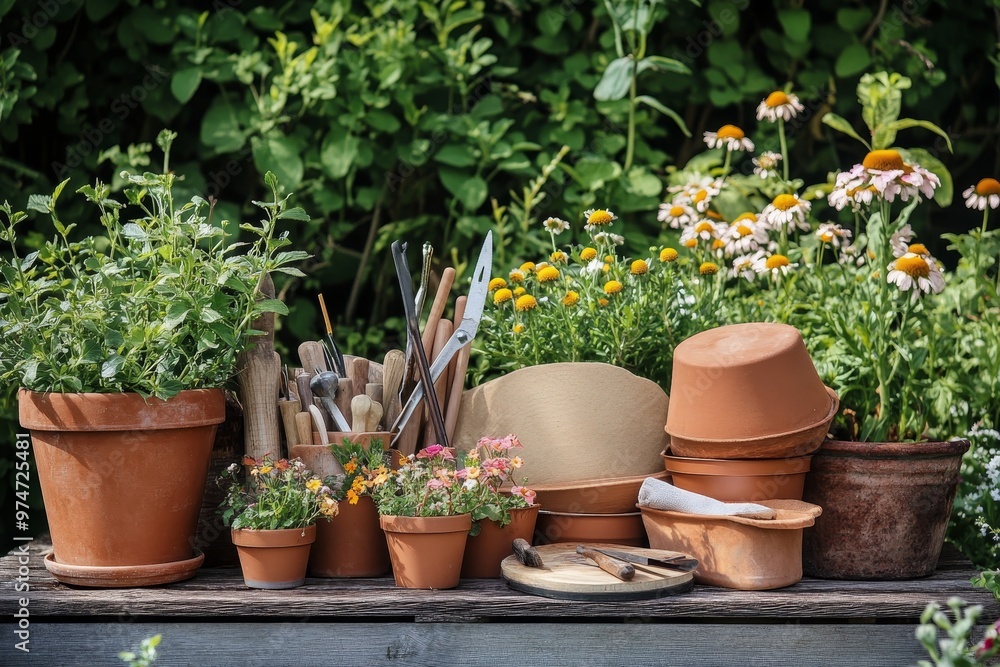 Gardening tools and flowerpots in a bright sunlit garden setting for enthusiastic gardeners