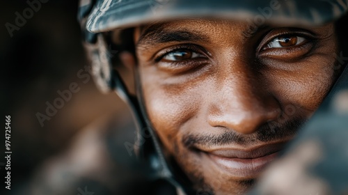 A soldier in a helmet grins widely, radiating positivity and joy even amidst the challenging backdrop of military life, emphasizing resilience and camaraderie.