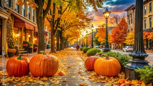 Vibrant orange pumpkins and golden leaves adorn a charming downtown street amidst a crisp autumn evening, captivating the essence of Halloween festivities in Traverse City. photo