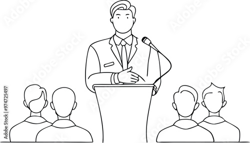 Business Conference Speaker at Rostrum - Line Drawing Illustration on black and white. 