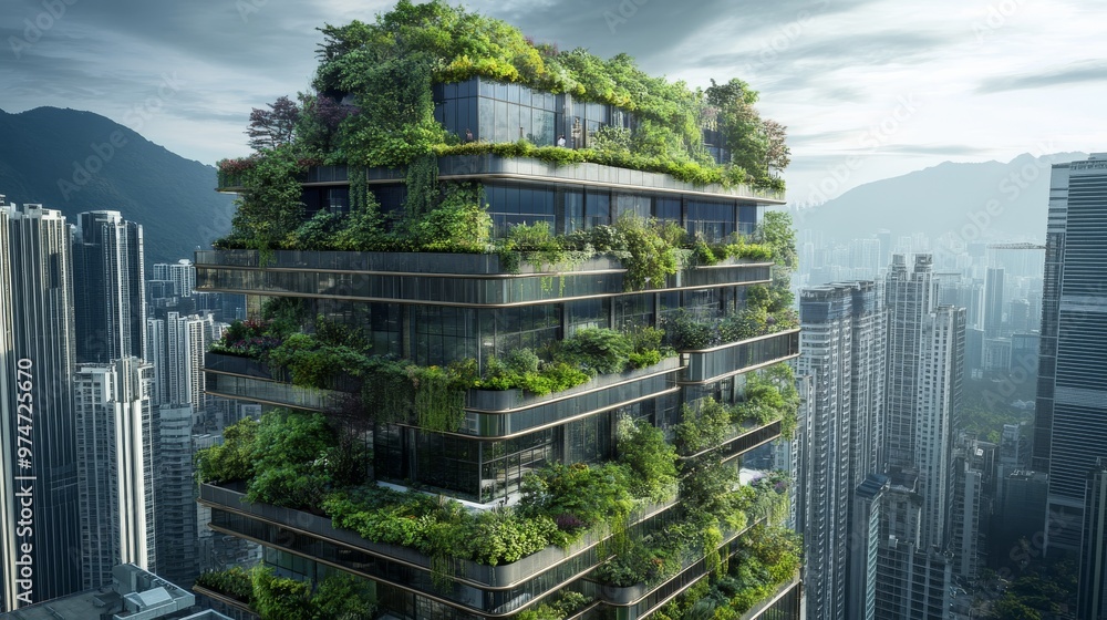 Obraz premium Modern sustainable skyscraper with lush green vertical gardens in an urban city landscape with mountains in the background