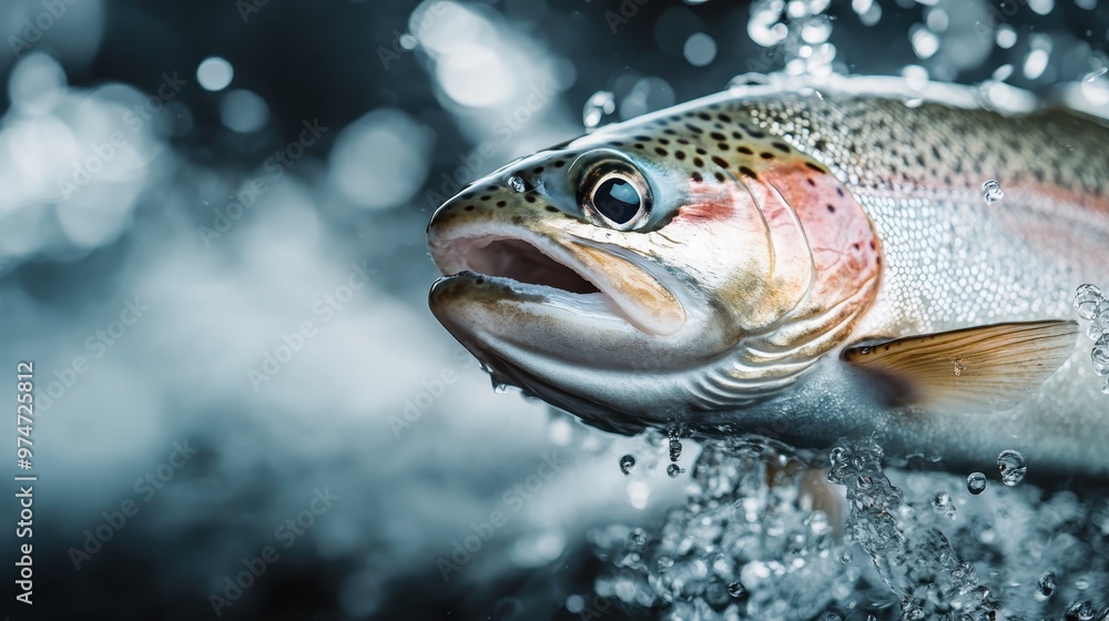 A lively trout bursts through splashing water, showcasing its vibrant colors and energy, capturing the beauty and dynamic nature of aquatic life in a vivid moment. A lively trout bursts through splashing water, showcasing its vibrant colors and energy, capturing the beauty and dynamic nature of aquatic life in a vivid moment.