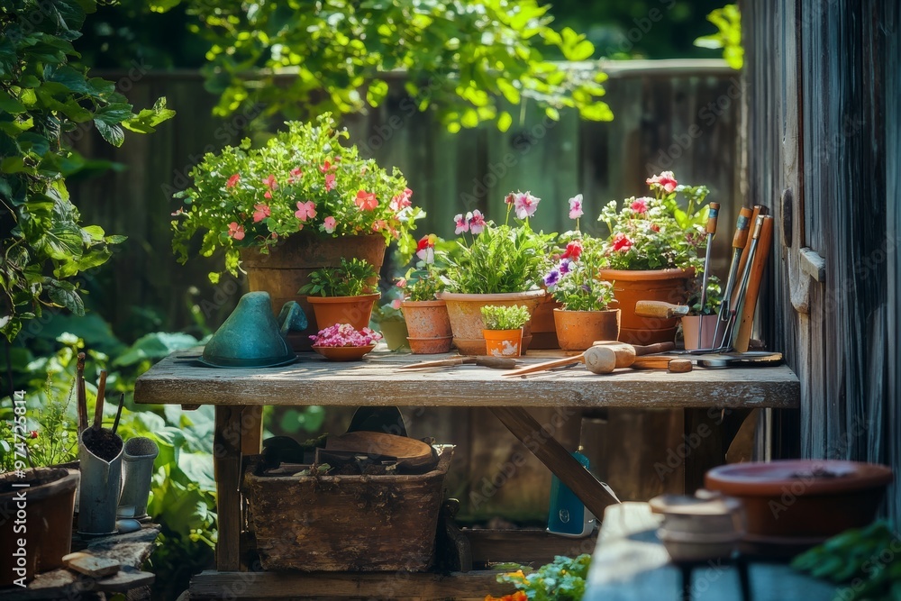 Gardening tools and flowerpots arranged in a lush sunny garden setting for enthusiasts Gardening tools and flowerpots arranged in a lush sunny garden setting for enthusiasts