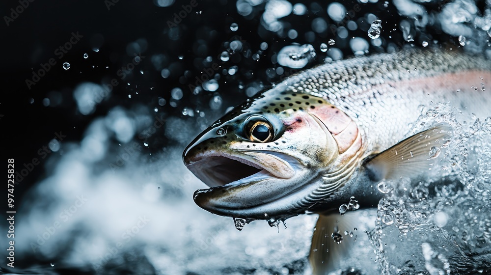 A colorful and lively trout fish is seen leaping out of the water with dynamic splashes all around, capturing a moment of energy and nature’s beauty in a wild river. A colorful and lively trout fish is seen leaping out of the water with dynamic splashes all around, capturing a moment of energy and nature’s beauty in a wild river.