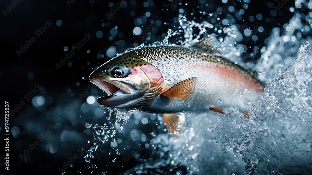 An elegant trout fish captured mid-leap from the sparkling water, splashing around with vibrant colors and energy, showcasing the beauty and agility in the wild river habitat. An elegant trout fish captured mid-leap from the sparkling water, splashing around with vibrant colors and energy, showcasing the beauty and agility in the wild river habitat.
