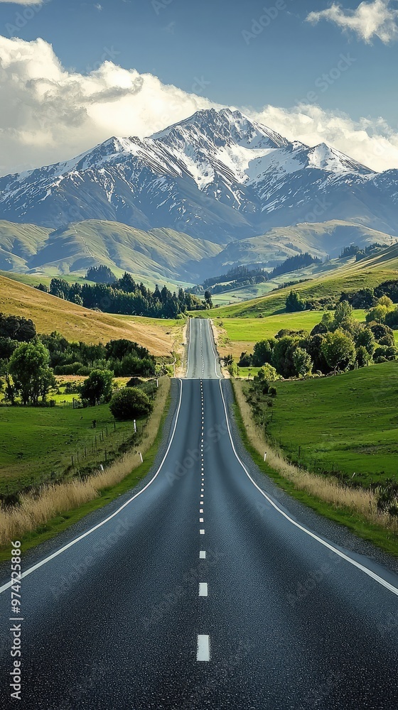 Naklejka premium A Winding Road Beckons, Leading to Majestic Snow-Capped Peaks Under a Serene Sky.