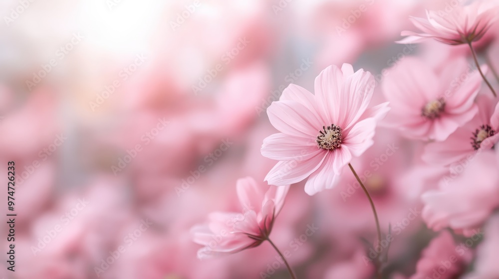An enchanting view of pink cosmos flowers in soft focus, highlighting their gentle and ethereal beauty, creating a dreamy and tranquil scene amidst a garden setting. An enchanting view of pink cosmos flowers in soft focus, highlighting their gentle and ethereal beauty, creating a dreamy and tranquil scene amidst a garden setting.