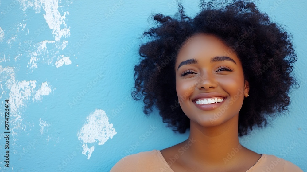 Closeup of young plus size woman smiling while standing against light blue wall outdoors Urban concept : Generative AI Closeup of young plus size woman smiling while standing against light blue wall outdoors Urban concept : Generative AI