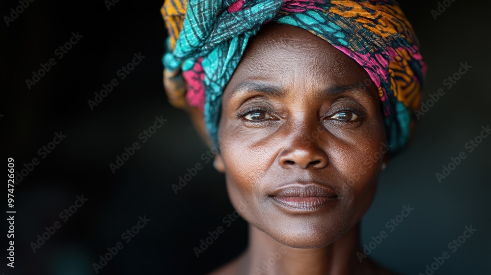 A graceful woman with a vibrant headwrap stands calm and composed, channeling serene strength and cultural beauty amidst a dimly lit backdrop. A graceful woman with a vibrant headwrap stands calm and composed, channeling serene strength and cultural beauty amidst a dimly lit backdrop.