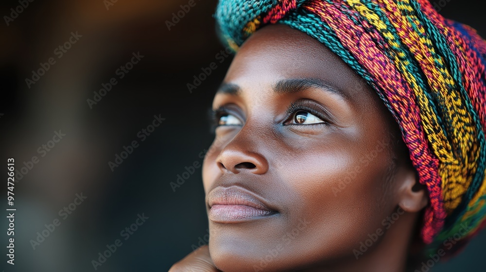 A woman in a colorful headwrap gazes thoughtfully into the distance, styled in a mix of cultural richness and contemplative poise, amidst soft lighting. A woman in a colorful headwrap gazes thoughtfully into the distance, styled in a mix of cultural richness and contemplative poise, amidst soft lighting.