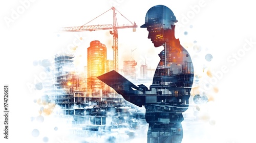 A digital collage of an engineer in a blue uniform and helmet, holding a blueprint with buildings and cranes behind him