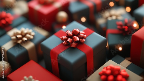 Red and black Christmas gift boxes with festive ribbon and shiny bows surrounded by warm glowing lights