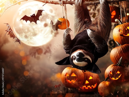 A playful sloth in a Halloween costume hanging amidst spooky pumpkins and a full moon, creating a whimsical festive atmosphere.