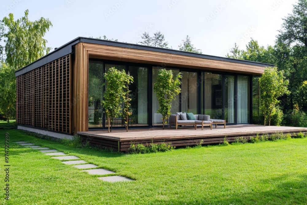 Eco friendly wooden house surrounded by lush greenery and vibrant grass landscape Eco friendly wooden house surrounded by lush greenery and vibrant grass landscape