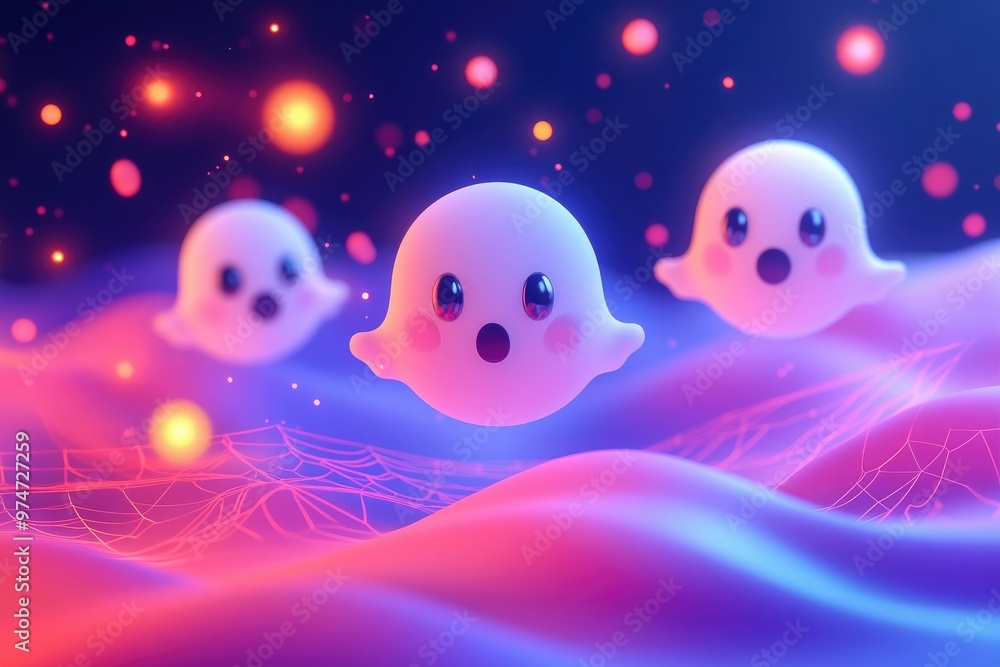 Floating 3D ghosts and bats with cute expressions, surrounded by neon-lit spider webs and abstract, bright pastel waves in the background Floating 3D ghosts and bats with cute expressions, surrounded by neon-lit spider webs and abstract, bright pastel waves in the background