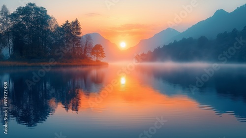 Tranquil lake at dawn, misty water reflecting soft pastel skies.