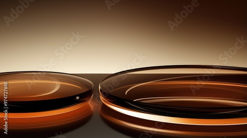 Two glossy, amber-colored glass discs sit on a dark background, creating a minimalist and elegant composition.