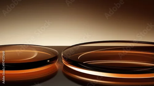 Fototapeta Two glossy, amber-colored glass discs sit on a dark background, creating a minimalist and elegant composition.