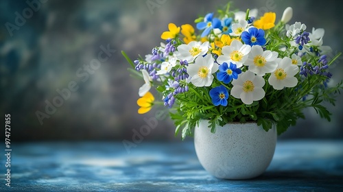 Bouquet of wild spring flowers in a cup blue muscari hepatica pansies yellow anemones white bird cherry Beautiful card : Generative AI photo