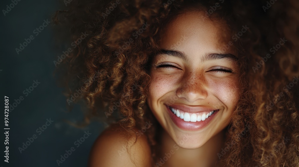A woman with curly hair is beaming with a bright, cheerful smile, radiating joy and positivity, highlighting her natural beauty and vibrant personality. A woman with curly hair is beaming with a bright, cheerful smile, radiating joy and positivity, highlighting her natural beauty and vibrant personality.