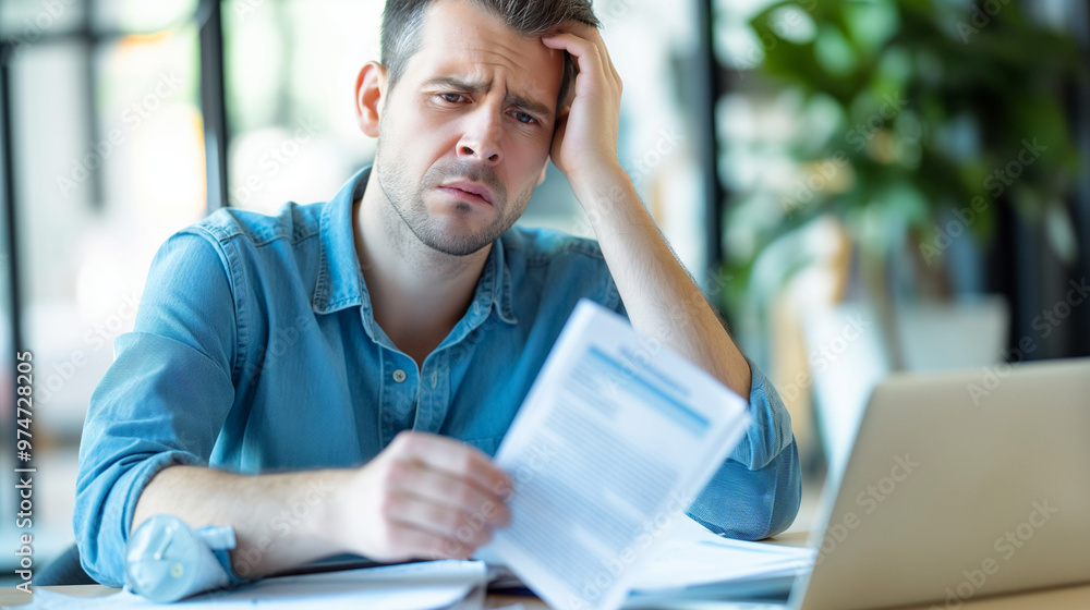 Man sitting at desk with concerned expression, holding stack of papers symbolizing financial stress and national debt, emphasizing personal and economic challenges. Man sitting at desk with concerned expression, holding stack of papers symbolizing financial stress and national debt, emphasizing personal and economic challenges.
