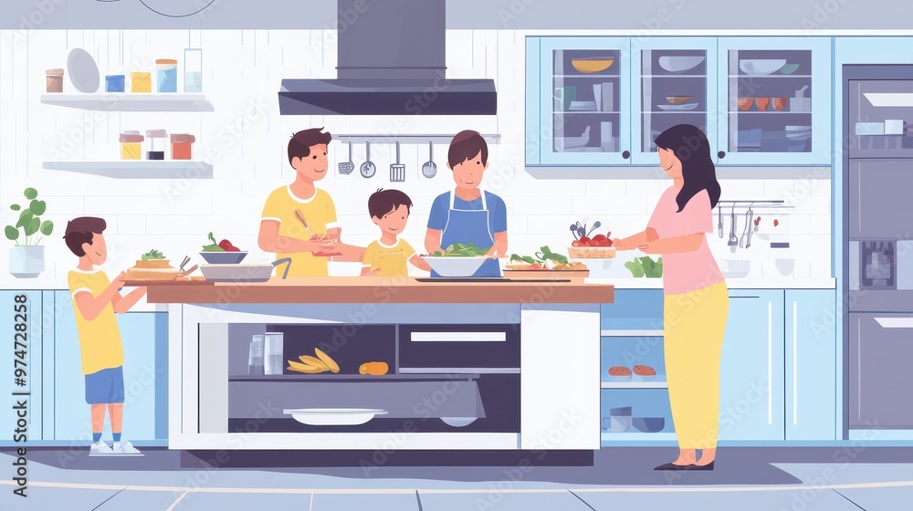 Family Cooking Together in a Modern Kitchen Family Cooking Together in a Modern Kitchen