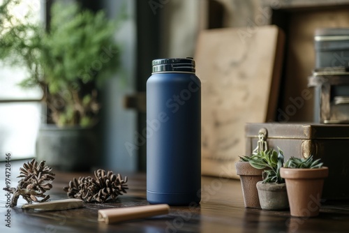 A sleek, dark water bottle surrounded by natural elements and decorative items.