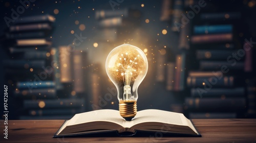 A glowing light bulb sits atop an open book, symbolizing the power of knowledge and inspiration.