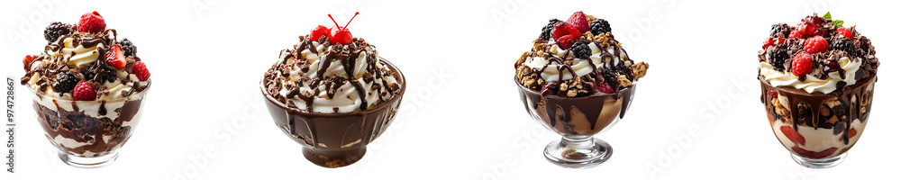 Set, collection of Chocolate sundae with toppings isolated on transparent background. Set, collection of Chocolate sundae with toppings isolated on transparent background.