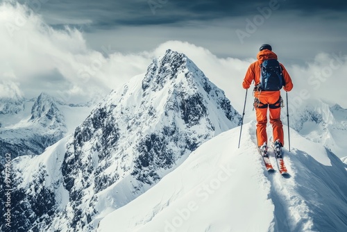 Ski mountaineer ascending a difficult winter summit with ample space for text overlay