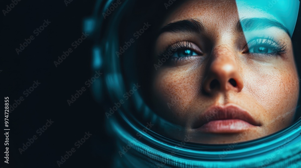 A focused woman, wearing a space suit, stares intently with a thought-provoking gaze, her freckles highlighted by the helmet's reflection, evoking curiosity and wonder. A focused woman, wearing a space suit, stares intently with a thought-provoking gaze, her freckles highlighted by the helmet's reflection, evoking curiosity and wonder.