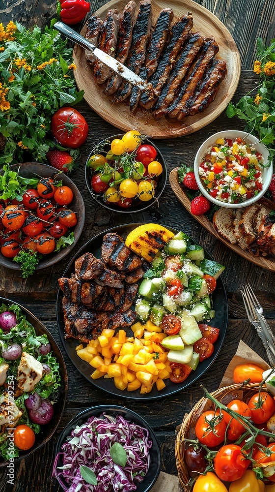 A Table Overflowing with Grilled Delights: Juicy Steaks, Fresh Salads, and Vibrant Colors. A Table Overflowing with Grilled Delights: Juicy Steaks, Fresh Salads, and Vibrant Colors.