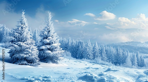 Two Snow-Covered Pine Trees on a Snowy Mountainside