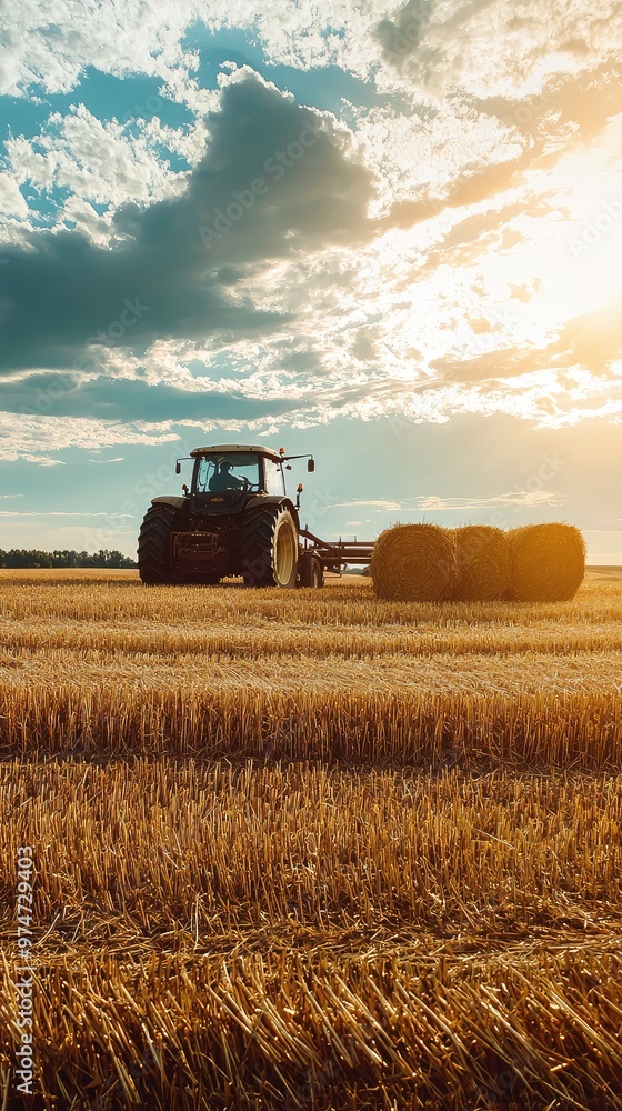 Fototapeta premium Golden Harvest: A Tractor Hauls Hay Bales Under a Warm Sunset Sky